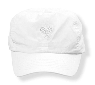 Girls white tennis  hat with white rackets logo